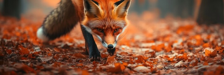 Red fox cautiously walking through autumn leaves in a serene forest environment