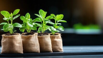 Four thriving green plant sprouts emerge from biodegradable bags, showcasing the beauty of new life and sustainable gardening practices in a vibrant, nature-inspired setting.