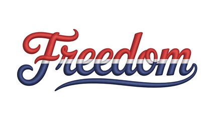 The word freedom in red white and blue cursive font on a plain white background