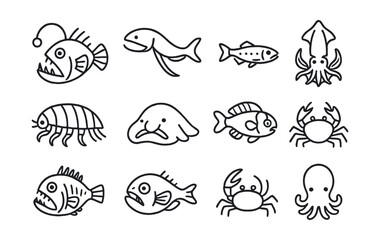 Line style icons of deep sea creatures: anglerfish, gulper eel, lanternfish, vampire squid, giant isopod, blobfish, barreleye fish, deep-sea crab, fangtooth, dumbo octopus.