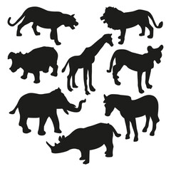 Set of different wild animals silhouette isolated on a white background