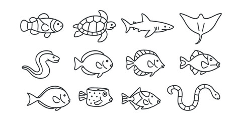 Line style icons of tropical marine animals: clownfish, sea turtle, reef shark, parrotfish, manta ray, moray eel, surgeonfish, boxfish, triggerfish, sea snake.
