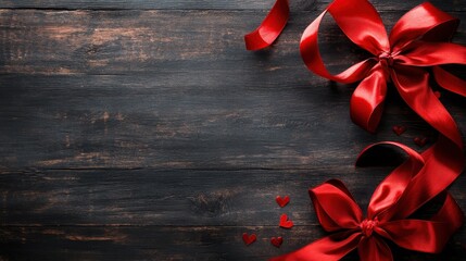 This image showcases two vibrant red bows and small hearts on a dark wooden surface, perfect for conveying love and celebration in gift wrapping.