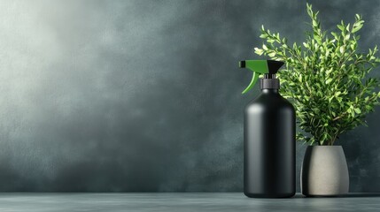 A chic black spray bottle placed next to a lush green plant against a textured gray background, highlighting the essence of minimalism and modern home decor.