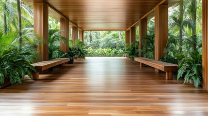 This image captures a spacious indoor area filled with lush plants and wooden benches, creating a tranquil and inviting environment for relaxation and inspiration.