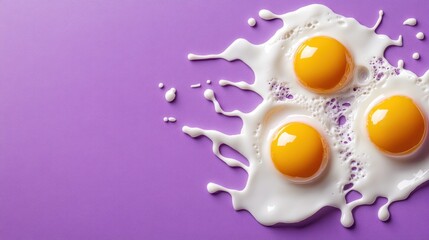 Three raw eggs are artistically splattered on a vibrant purple background, emphasizing the texture and color contrast, perfect for creative culinary photography.