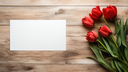 Bright red tulips are beautifully arranged next to a blank white card on a rustic wooden table, perfect for greeting cards or floral arrangements.