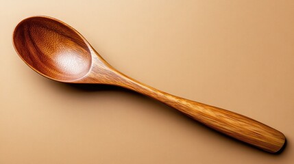 A beautifully crafted wooden spoon rests on a smooth beige surface, highlighting its natural grain and elegance, making it ideal for culinary and artistic inspirations.