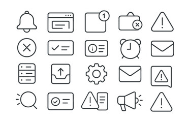 Line style icons of notifications and alerts: alert bell, pop-up window, badge counter, toast alert, warning message, error icon, success message, info alert, reminder clock, inbox icon, notification