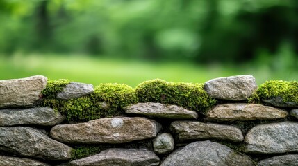A beautiful moss-covered stone wall emerges from a backdrop of lush green foliage, illustrating the harmony found in nature between stone and vibrant greenery.