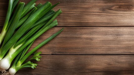 This image features fresh green onions carefully arranged on a rustic wooden table, emphasizing their vibrant color and natural texture, perfect for culinary inspirations.