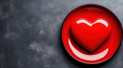 A glossy red heart sits prominently on a black plate against a textured background, symbolizing love and affection, perfect for romantic themes and celebrations.