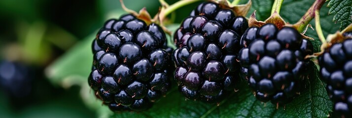 Lush blackberries ripen on the vine, showcasing their juicy texture and dark pigment