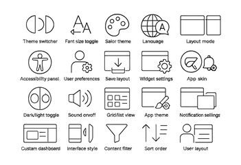 Line style icons of UI personalization: theme switcher, font size toggle, color theme, language selector, layout mode, accessibility panel, user preferences, save layout, widget settings, app skin,