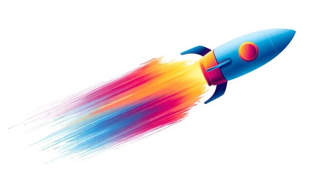 Colorful rocket launch illustration with dynamic neon gradient flames and white background, vibrant cartoon-style concept of innovation, startup energy and forward momentum

