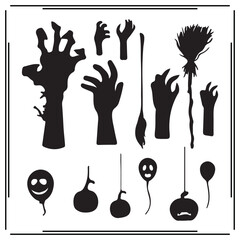 Creepy Halloween Silhouettes – Zombie Hands, Witch Broomsticks, Scary Faces, Pumpkin Balloons – Spooky Vector Elements for Horror Design, Party Decor, Trick or Treat Art.

