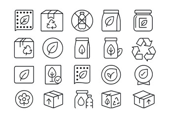 Line style icons of sustainable packaging: compostable wrap, recyclable box, no plastic, paper pouch, glass container, zero waste pack, eco label, refill pouch, plant-based plastic, reusable jar,