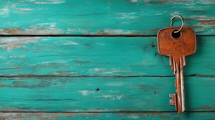 An old rusty key resting on a vibrant turquoise wooden surface, evoking a sense of nostalgia and vintage charm ideal for themes of history and memories.