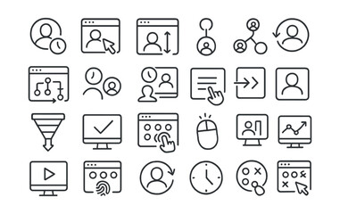 Line style icons of user behavior analytics: session duration, click map, scroll depth, interaction path, bounce rate, user flow, engagement time, page views, exit rate, user session icon, behavior
