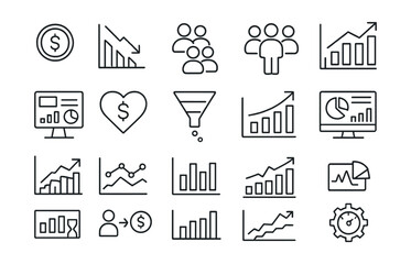 Line style icons of SaaS metrics and dashboards: MRR icon, churn graph, user retention, active users, expansion revenue, subscription dashboard, LTV icon, SaaS funnel, ARR icon, product usage stats,