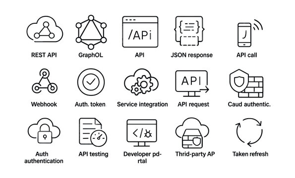 Line style icons of cloud services and APIs: REST API, GraphQL icon, API endpoint, JSON response, API call, webhook icon, auth token, service integration, API request, SDK icon, cloud authentication,
