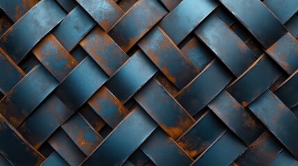 A close-up of an intricately woven leather surface with a rich blue and rust color palette, evoking feelings of craftsmanship, tradition, and timeless beauty.