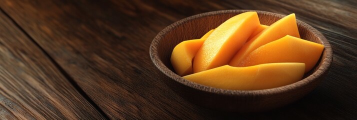 Wooden bowl filled with juicy mango slices resting on rustic wood surface