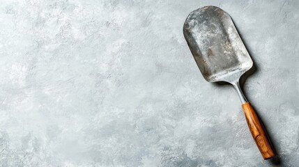 This image showcases a weathered metal scoop with a rustic wooden handle, set against a textured grey stone background, highlighting industrial charm and simplicity.