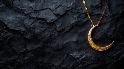 An elegant gold crescent moon pendant hangs gracefully against a textured black slate, combining elements of luxury and cosmic beauty in a visually striking manner.