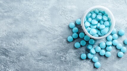 A white container spills colorful blue tablets onto a textured grey surface, representing health and wellness, along with the artistry of pharmaceutical design in everyday life.