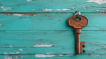 A vintage rusty key rests atop a rustic teal wooden surface, showcasing a charming contrast between the aged metal and the vibrant wood's patina, symbolic of secrets and history.
