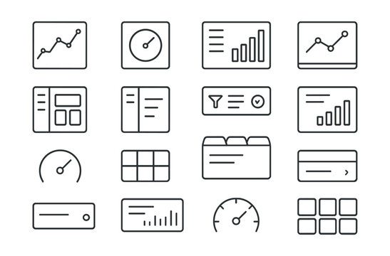 Line style icons of dashboard UI: analytics tile, KPI card, data widget, chart block, dashboard layout, sidebar nav, filter bar, summary block, stat overview, live data feed, performance meter, card