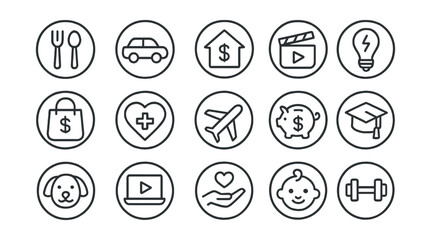 Line style icons of round budgeting categories: round food budget, round transport icon, round rent icon, round entertainment, round utilities icon, round shopping icon, round healthcare budget,