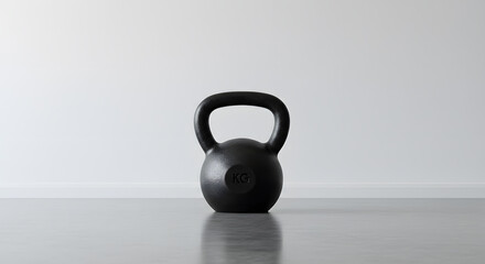 Black kettlebell placed on reflective grey gym floor