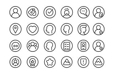 Line style icons of round personas and empathy: round user persona, round persona tag, round goal bubble, round frustration icon, round job story, round context icon, round motivation icon, round