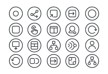 Line style icons of round prototyping interactions: round interaction dot, round click path, round motion plan, round component link, round smart animate, round overlay transition, round drag gesture