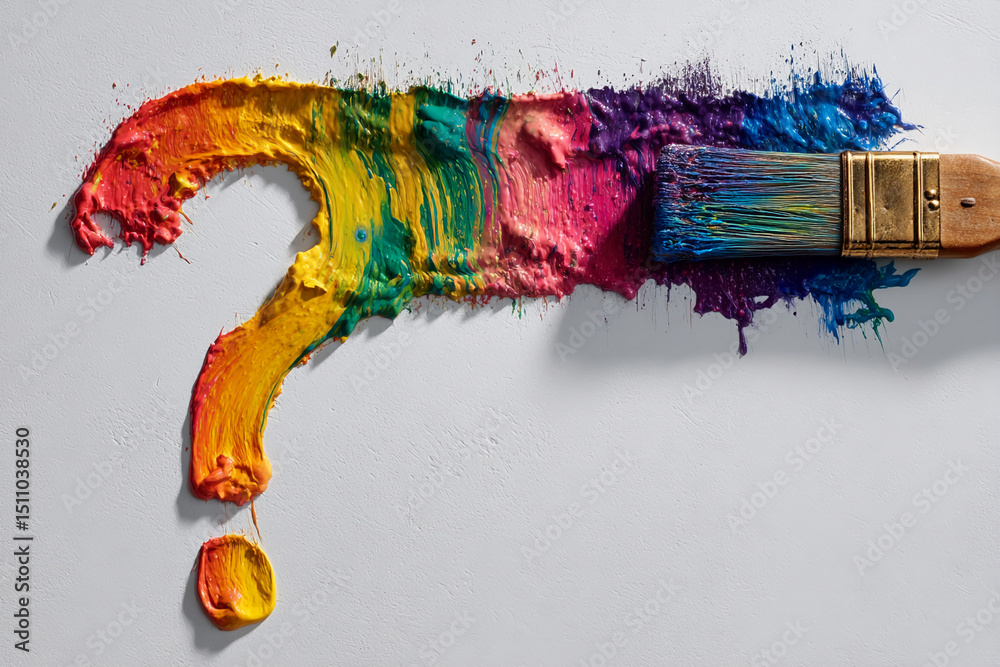 Aufkleber multicolored paint strokes form a question mark, a paintbrush rests beside it on a textured white ba