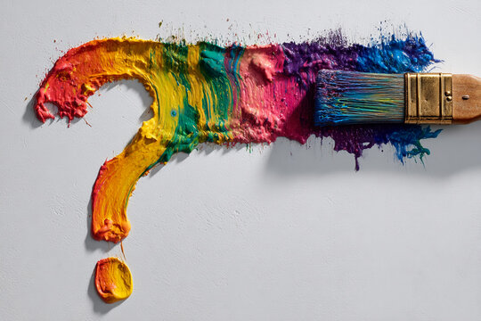 Multicolored paint strokes form a question mark, a paintbrush rests beside it on a textured white background Free space for text or design