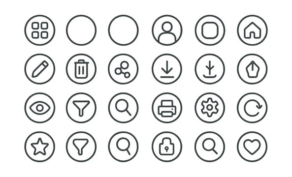 Line style icons of round icon-based UI: round icon grid, round icon button, round floating icon, round avatar icon, round app icon, round home icon, round edit icon, round delete icon, round share