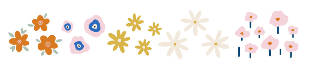 Set of hand drawn whimsical abstract flowers isolated on white. Charming floral elements for summer design, prints, posters. Cute tiny flowers collection. Flat vector illustration. Summer elements