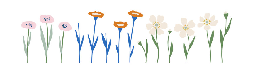 Hand drawn vector collection of vibrant flowers isolated on white. Elegant floral elements for summer design, prints, festive holidays. Lovely flat illustration. Abstract colorful set of flowers