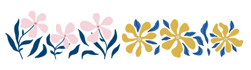 Set of hand drawn whimsical abstract flowers isolated on white. Charming floral elements for summer design, prints, posters. Cute tiny flowers collection. Flat vector illustration. Summer elements
