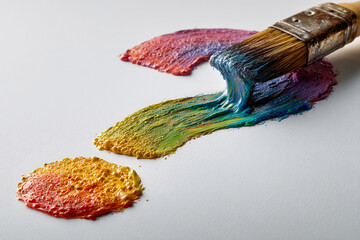 Paintbrush creating a question mark with colorful strokes on white canvas, showcasing creativity, uncertainty, and artistic process
