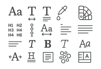 Line style icons of color and typography: font family, font size, text weight, color picker, color palette, H1-H6 tags, type scale, line height, text alignment, italic icon, bold icon, underline icon