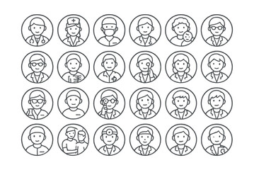 Line style icons of round healthcare professionals: round doctor icon, round nurse icon, round surgeon badge, round dentist icon, round therapist badge, round pharmacist icon, round radiologist icon,