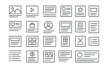 Line style icons of content cards and blocks: image card, video card, text block, card with icon, feature card, testimonial card, product card, team member card, article preview, blog tile, card with