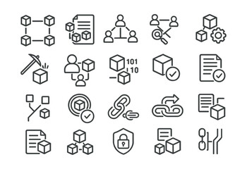 Line style icons of blockchain technology: blockchain structure, distributed ledger, peer-to-peer icon, consensus mechanism, mining process, validator node, block explorer, proof of work, proof of