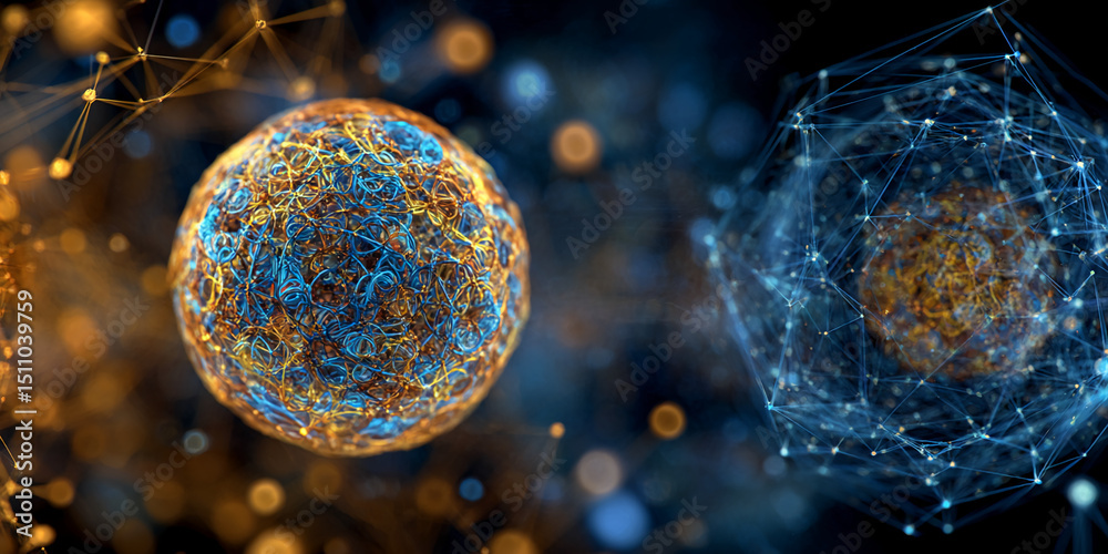 Poster Abstract image of intertwined blue and gold threads forming spherical shapes, connected by luminous lines, suggesting complex network or connections