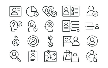 Line style icons of user behavior and personas: buyer persona, demographic chart, interest group, user segment, behavior tag, user needs, psychographic icon, persona map, engagement stage, life cycle