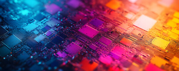 Rainbow reflection of a Semiconductor or electronics processor wafer circuit pattern surface background. Abstract microprocessor. hi-tech processing industry concept background. Generative AI.